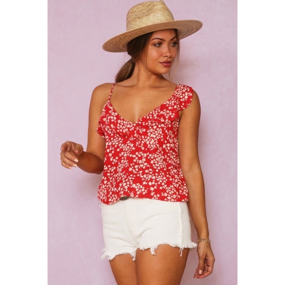 Fantastic Fawn Red Ditzy Floral Ruffle V Neck Cami Top - Picture 7 of 10
